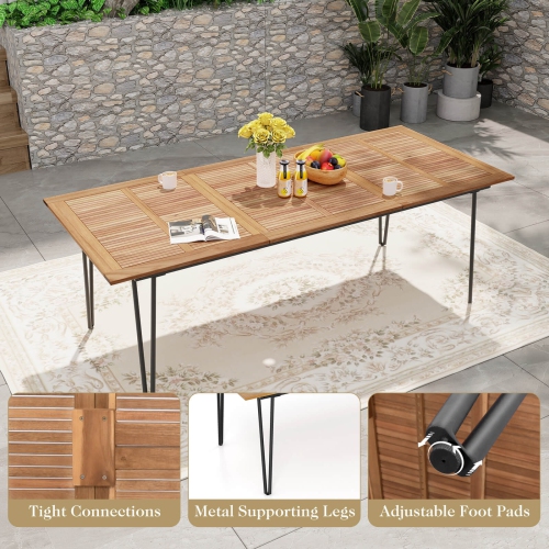 Costway 86.5-Inch Outdoor Dining Table with Acacia Wood Tabletop & Metal Legs Umbrella Hole