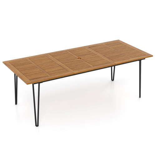 Costway 86.5-Inch Outdoor Dining Table with Acacia Wood Tabletop & Metal Legs Umbrella Hole