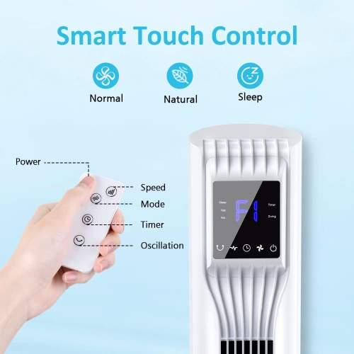 Trustech 36 po Ventilateur vertical oscillant à 3 vitesses et 3 modes avec télécommande, minuterie de 7,5 heures, économie d'espace en blanc