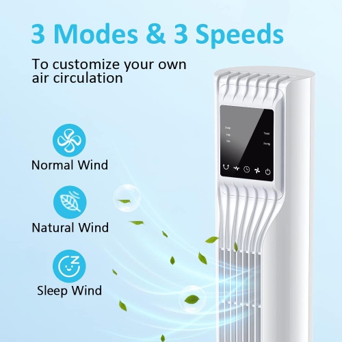Trustech 36 po Ventilateur vertical oscillant à 3 vitesses et 3 modes avec télécommande, minuterie de 7,5 heures, économie d'espace en blanc