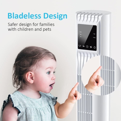 Trustech 36 po Ventilateur vertical oscillant à 3 vitesses et 3 modes avec télécommande, minuterie de 7,5 heures, économie d'espace en blanc
