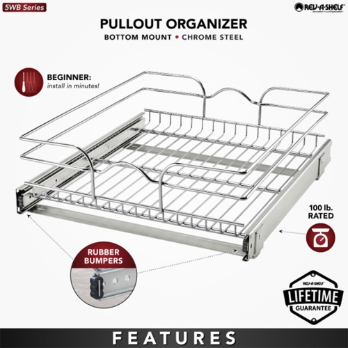 Rev-A-Shelf Pullout Basket Organizer for Kitchen or Vanity Cabinets, 18 x 20 In, 5WB1-1820CR-1