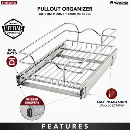 Rev-A-Shelf Pullout Basket Organizer for Kitchen or Vanity Cabinets,12 x 20 In, 5WB1-1220CR-1