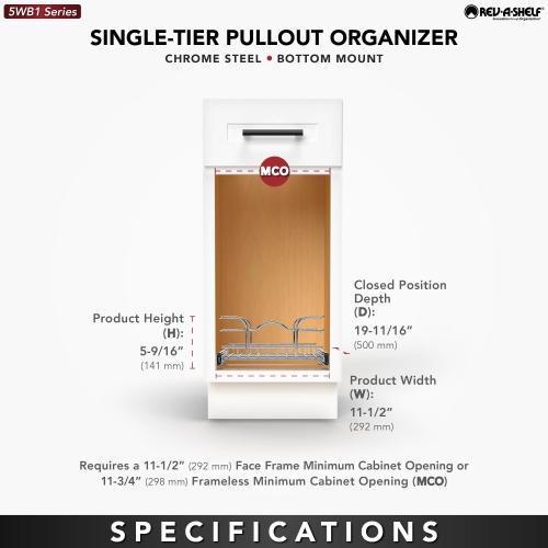 Rev-A-Shelf Pullout Basket Organizer for Kitchen or Vanity Cabinets,12 x 20 In, 5WB1-1220CR-1