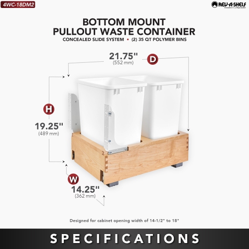 Rev-A-Shelf Double 35 qt. Maple Bottom Mount Pullout Waste Container,4WC-18DM2
