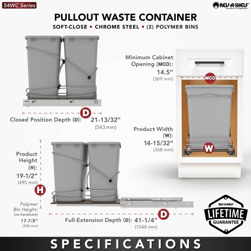 Rev-A-Shelf Double 35 Quart Pull Out Trash Containers, Gray, 54WC-1835SC-17-1
