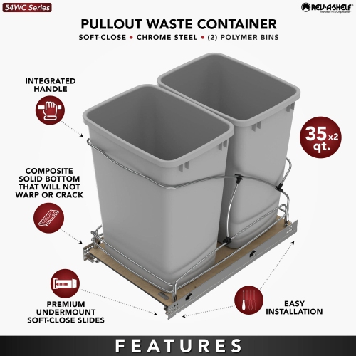 Rev-A-Shelf Double 35 Quart Pull Out Trash Containers, Gray, 54WC-1835SC-17-1