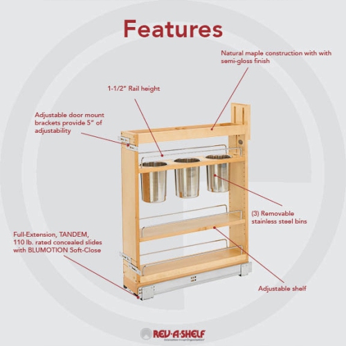 Rev-A-Shelf 5" Pull Out Kitchen Cabinet Organizer w/ Soft-Close, 448UT-BCSC5C