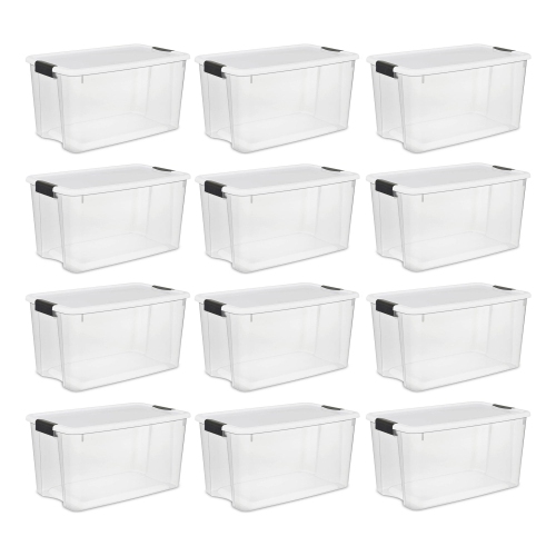 Sterilite 70 Qt Clear Plastic Stackable Storage Bin w/ White Latch Lid, 12 Pack