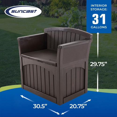Suncast 31 Gallon Patio Seat Outdoor Storage and Bench Chair, Java | PB2600J