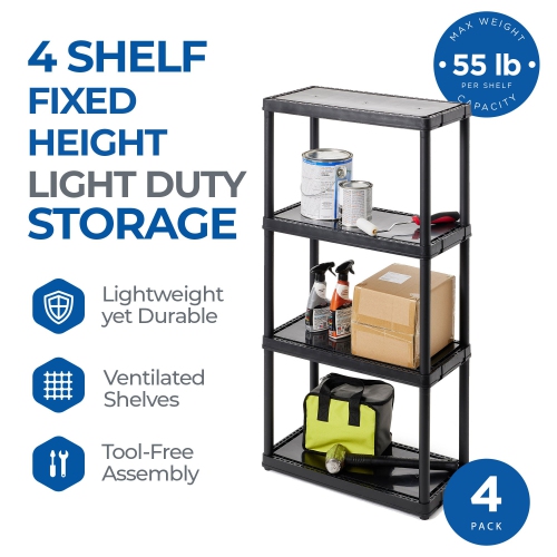 Gracious Living 4 Shelf Fixed Height Light Duty Storage Unit, Black