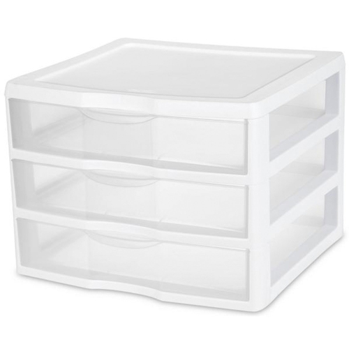 Sterilite Clear Plastic Stackable Small 3 Drawer Storage System, White,