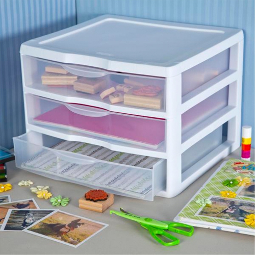 Sterilite Clear Plastic Stackable Small 3 Drawer Storage System, White,