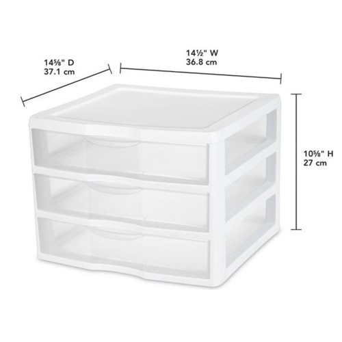 Sterilite – petit système de rangement empilable en plastique transparent à 3 tiroirs, blanc