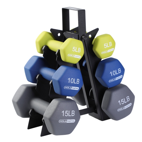 HOLAHATHA  5, 10, And 15 Pound Neoprene Dumbbell Free Hand Weight Set With Rack I love the different colors for the different weights