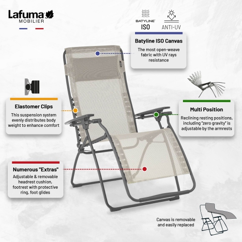 Lafuma – Fauteuil inclinable en acier encadré pour l’extérieur Futura Zero Gravity, gris saisit