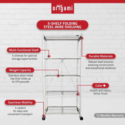 Origami Large Wheeled 5-Shelf Folding Steel Wire Shelving, White