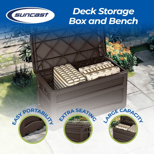 Suncast DBW7500 73 Gallon Outdoor Patio Storage Chest with Handles & Seat, Java