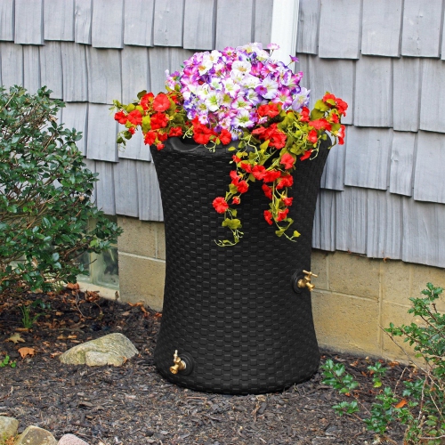 Good Ideas Impressions 50 Gal Nantucket Rain Barrel Planter, Black