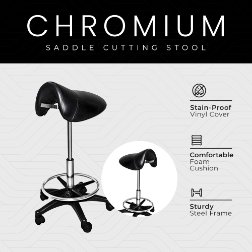 Chromium Professional Rotating Saddle Cutting Stool with Foam Cushions, Black
