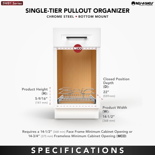 Rev-A-Shelf Pullout Basket Organizer for Kitchen or Vanity Cabinets, 15 x 20 In, 5WB1-1520CR-1