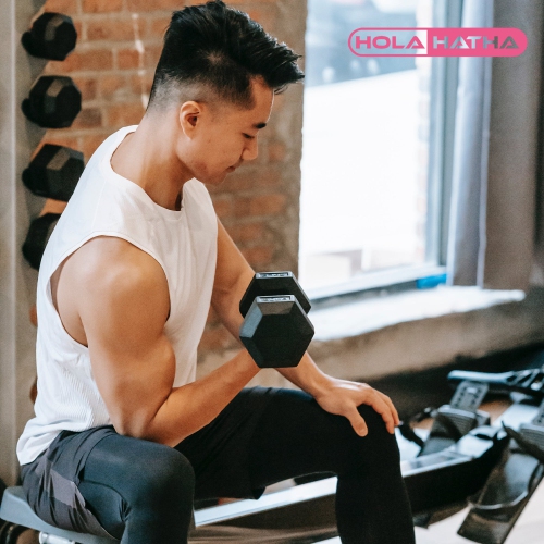 HolaHatha Hexagonal Dumbbell Free Hand Weight Set w/ Rack, 5, 8, & 10 Lbs, Black