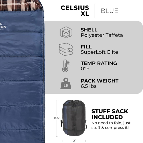 TETON Sports – Sac de couchage à fermeture à glissière à gauche Celsius XL -25 degrés pour le camping, bleu