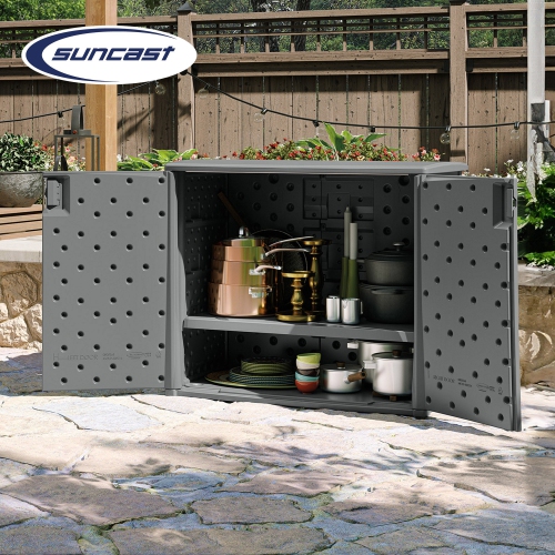 Suncast Lockable Outdoor Cabinet Deck Storage Box w/ Adjustable Shelf, Cool Gray