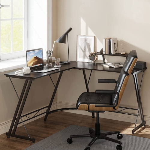 Bureau d'ordinateur et de jeu en coin en forme de L avec support pour moniteur Somdot, noyer noir