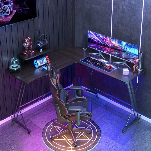 Bureau d'ordinateur et de jeu en coin en forme de L avec support pour moniteur Somdot, noyer noir