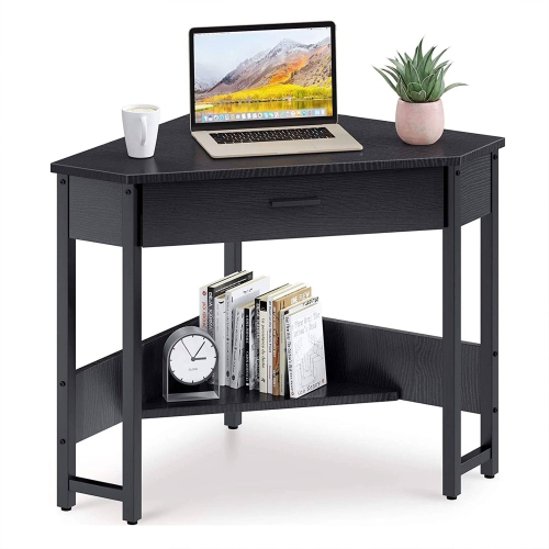 ODK  Modern Triangle Corner Computer Writing Desk With Storage Drawer In Black