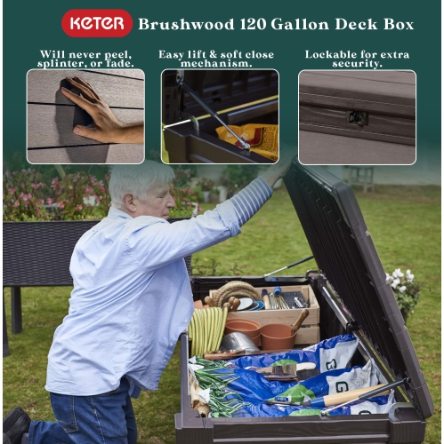 Keter Brushwood 120 Gallon Resin Outdoor Deck Storage Box for Yard Tools, Brown