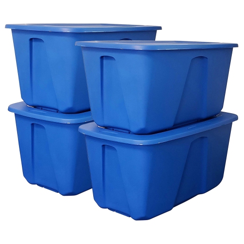 HOMZ  32 Gallon Standard Plastic Storage Container With Secure Lid, Blue, 4 Pack 