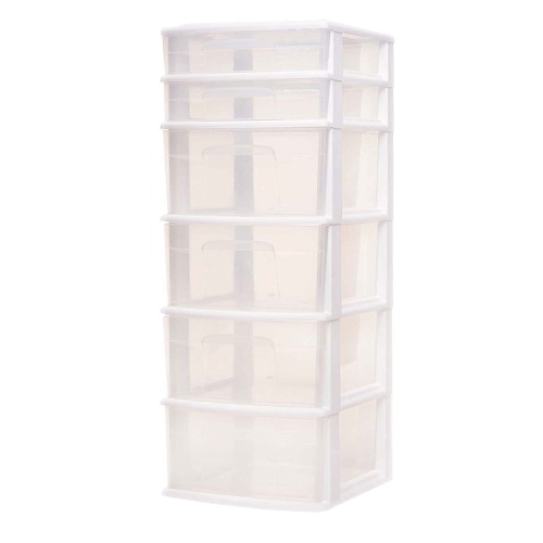 Homz Plastic 6 Clear Drawer Medium Home Storage Container Tower, White