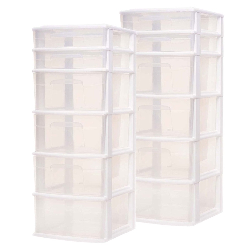 Homz Plastic 6 Clear Drawer Medium Home Storage Container Tower, White