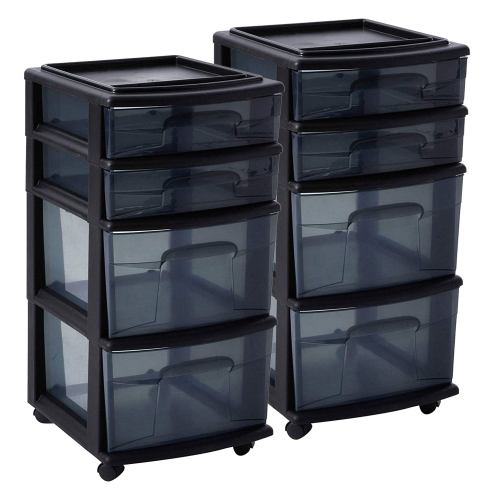 Homz Tall Solid Plastic 4 Drawer Medium Storage Cart with Wheels, Black