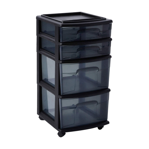 Homz Tall Solid Plastic 4 Drawer Medium Storage Cart with Wheels, Black