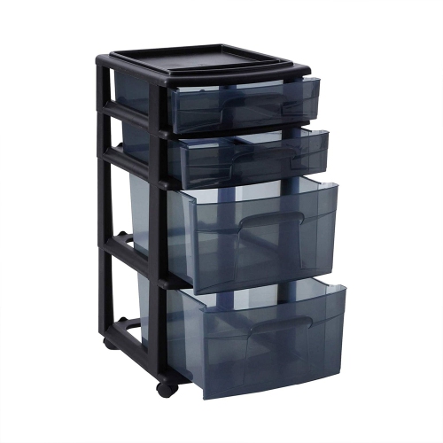 Homz Tall Solid Plastic 4 Drawer Medium Storage Cart with Wheels, Black