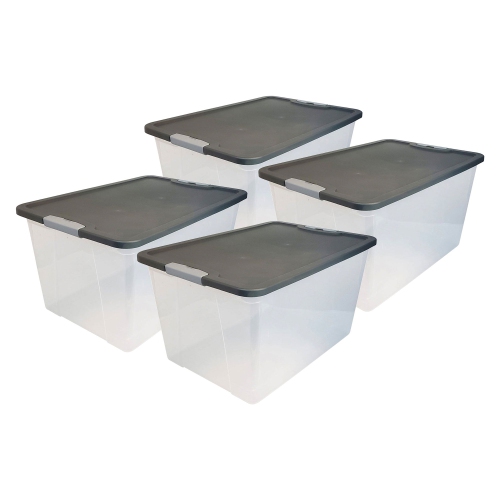 HOMZ  64 Qt Secure Latching Large Clear Plastic Storage Bin W/ Lid (4 Pack) In Gray Best totes I've ever used