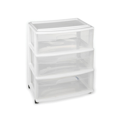 Homz Plastic 3 Clear Drawer Small Rolling Storage Container Tower, White, 2 Pack