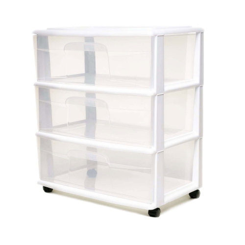 Homz Plastic 3 Clear Drawer Small Rolling Storage Container Tower, White, 2 Pack