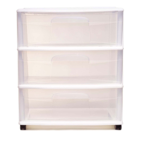 Homz Plastic 3 Clear Drawer Small Rolling Storage Container Tower, White, 2 Pack