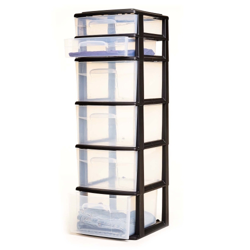Homz Plastic 6 Clear Drawer Home Storage Container Tower, Black/Clear