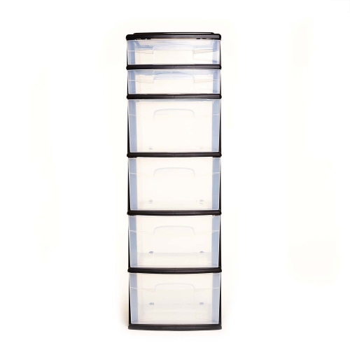 Homz Plastic 6 Clear Drawer Home Storage Container Tower, Black/Clear
