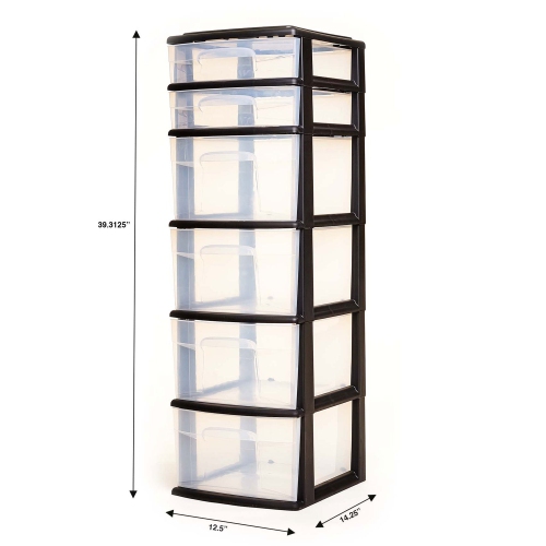 Homz Plastic 6 Clear Drawer Home Storage Container Tower, Black/Clear