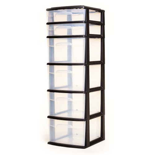 Homz Plastic 6 Clear Drawer Home Storage Container Tower, Black/Clear