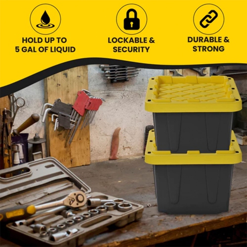 JUGGERNAUT STORAGE  5 Gal Lockable Plastic Storage Tote, Black/yellow (Set Of 4)
