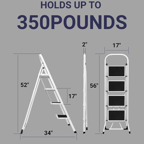 Delxo Alloy Steel Folding 4 Step Stool Portable Ladder with Hand Grip, White