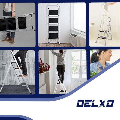 Delxo Alloy Steel Folding 4 Step Stool Portable Ladder with Hand Grip, White