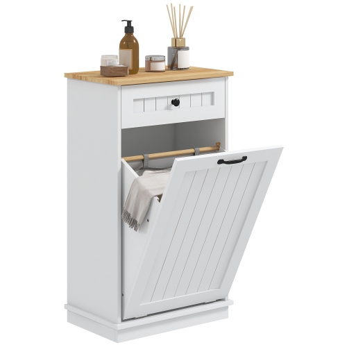 Image 1 de 9.. HOMCOM – panier à linge inclinable, armoire à linge avec panier et tiroir amovibles, armoire de rangement de salle de bain, blanc